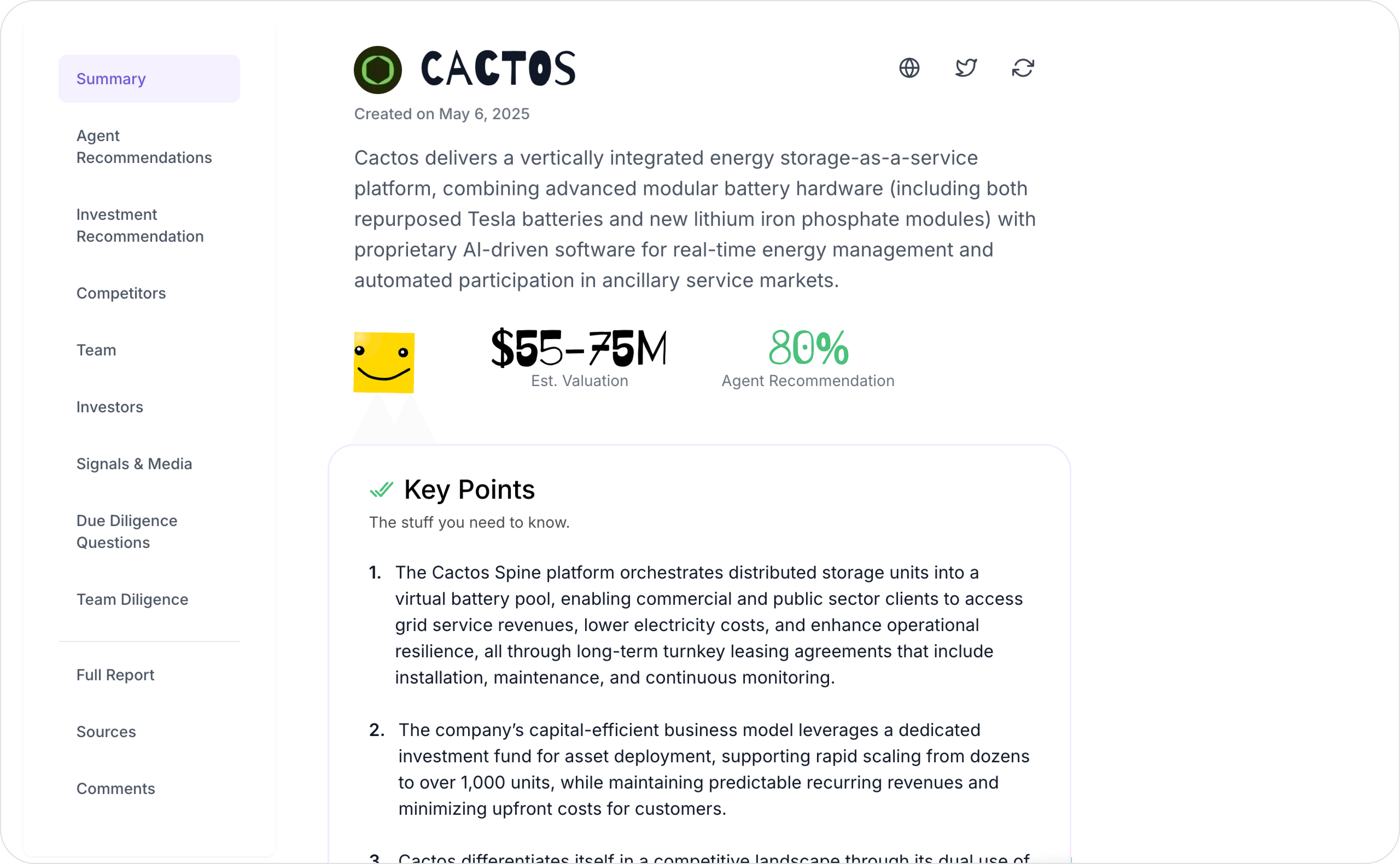 Sample investment report for Cactos energy storage system
